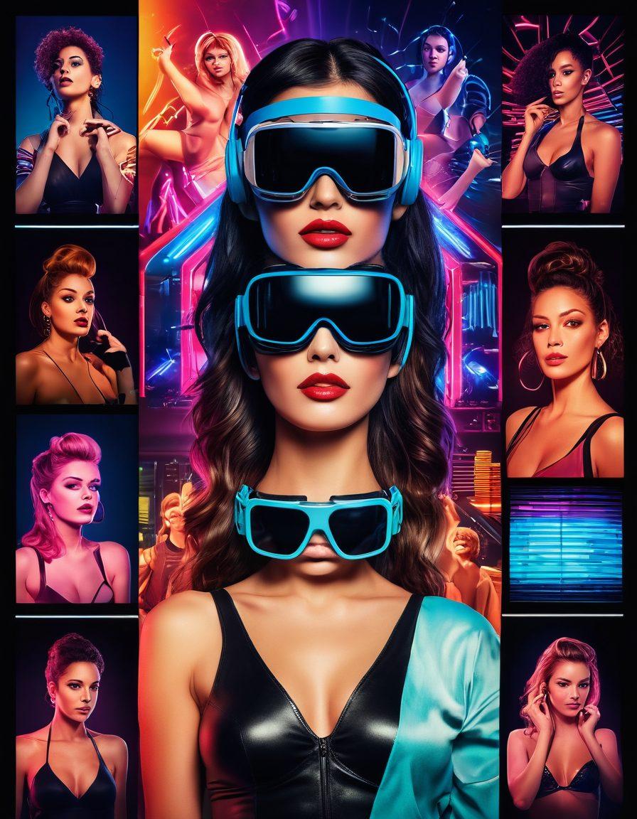 A dynamic collage depicting various aspects of the adult entertainment industry, featuring diverse representations of actors and actresses, modern technology like VR headsets, and vibrant neon lights to convey a nightclub atmosphere. Include abstract patterns symbolizing trends and insights, such as bar graphs and pie charts subtly integrated into the design. The color palette should be rich and alluring, with a balance of warm and cool tones to represent the spectrum of adult entertainment. super-realistic. vibrant colors. neon lights.