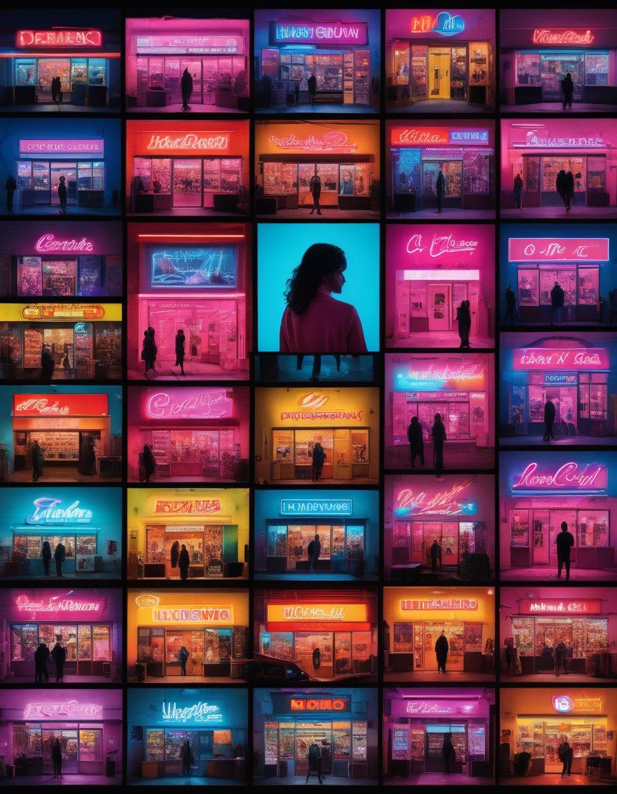 A thought-provoking collage that captures the multifaceted nature of the adult industry, featuring elements like neon-lit adult storefronts, abstract silhouettes of diverse individuals, and a blend of soft and bold colors. Incorporate icons representing technology, passion, and empowerment, creating a balanced view of the industry. The background should have a subtle mix of urban and digital aesthetics to emphasize modernity. dreamy art style. vibrant colors. dynamic composition.