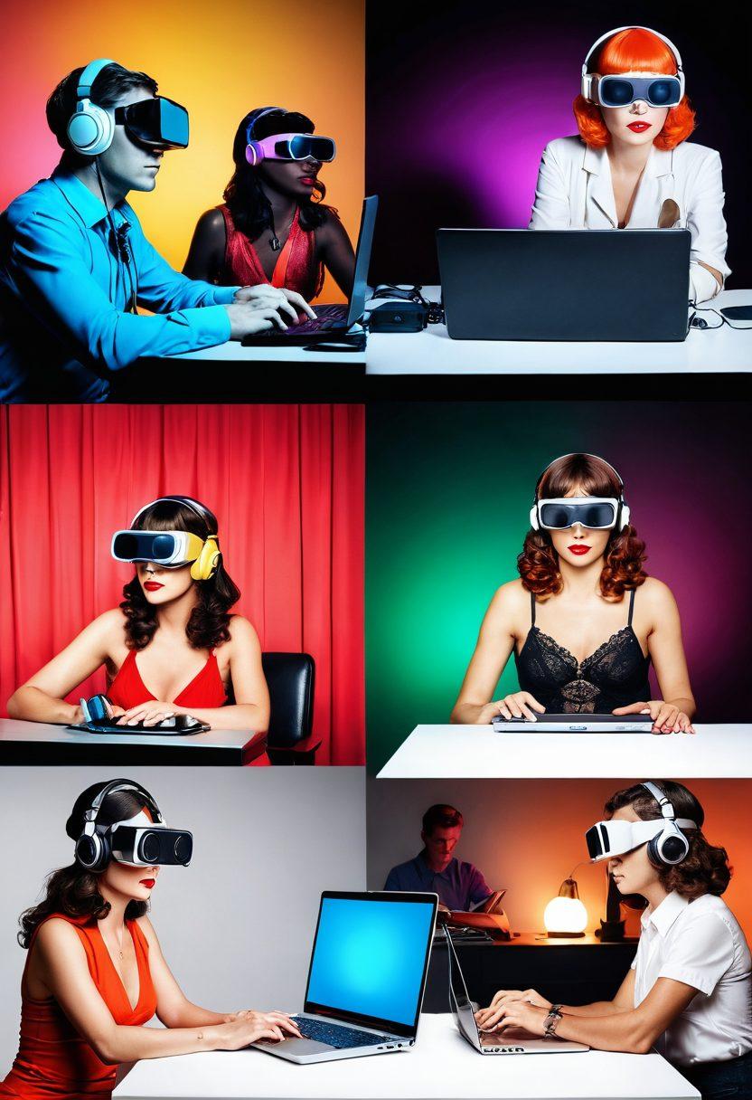 A split-screen image illustrating the evolution of adult entertainment: on one side, a vintage adult film set with classic film cameras and iconic lighting; on the other side, a modern digital workspace featuring diverse individuals using laptops and VR headsets, showcasing online platforms. Incorporate vibrant colors to highlight the contrast between past and present. super-realistic. vibrant colors. white background.